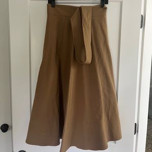St. Agni brown linen/cotton midi skirt with wide attached belt, size M